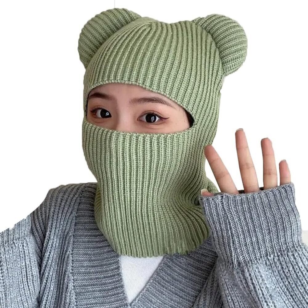 Women's Light Green Winter Hat Warm Hooded Scarf Hat Balaclava Knit Skull Beanie